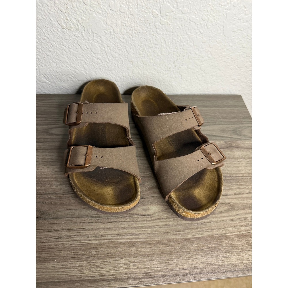 Birkenstock Arizona Mocha Brown Birko-Flor Two Strap Buckle Slide Sandals Womens